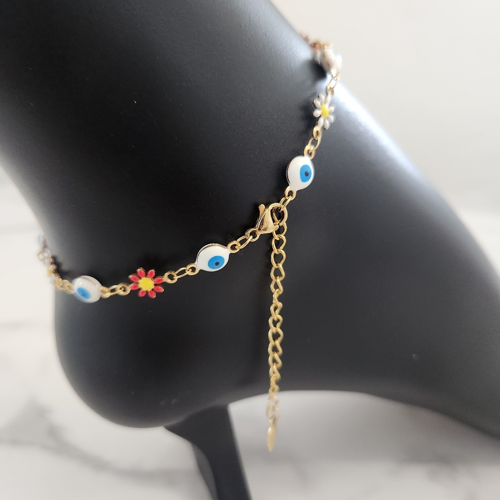 Multi Color Stainless Steel Floral Evil Eye Charm Anklet Summer Accesories - Picture 10 of 16